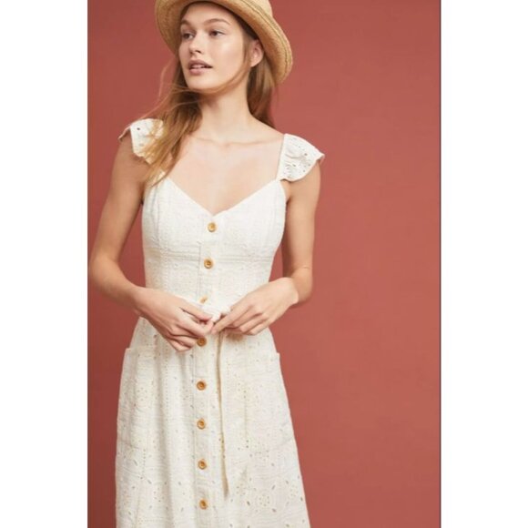 Anthropologie Concerto Ivory Eyelet Midi Dress in Ivory Size 2 US - Picture 2 of 13